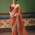 Peach Organza Silk Saree Heavy Golden Zari Embroidery Border Designer Blouse