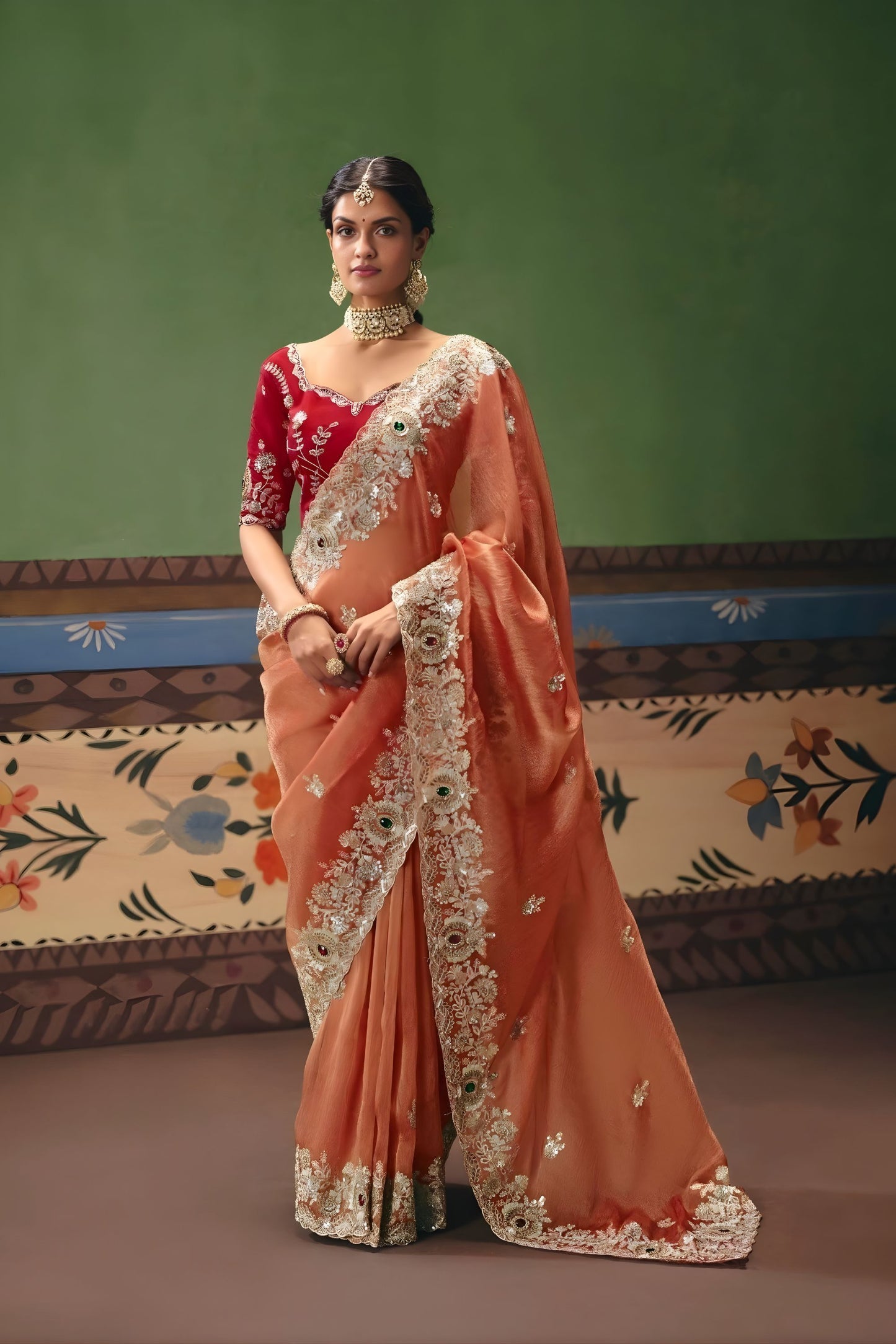 Peach Organza Silk Saree Heavy Golden Zari Embroidery Border Designer Blouse