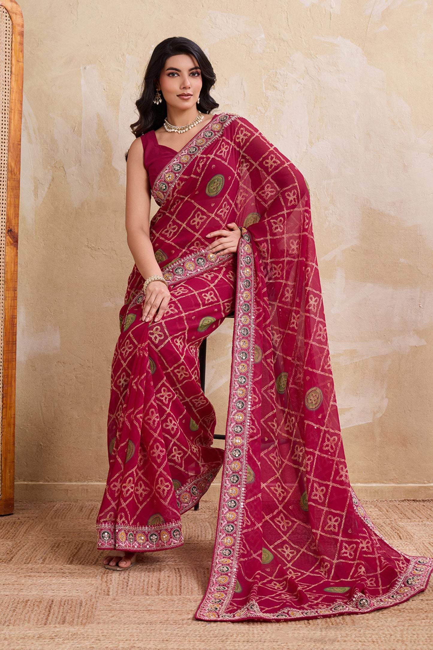 Wine Maroon Printed Saree with Traditional Motif Design Decorative Border