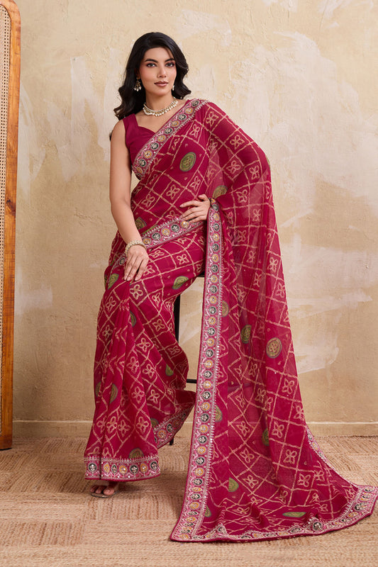 Wine Maroon Printed Saree with Traditional Motif Design Decorative Border