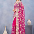 Designer Hot Pink Floral Embroidered Net Saree with Heavy Border