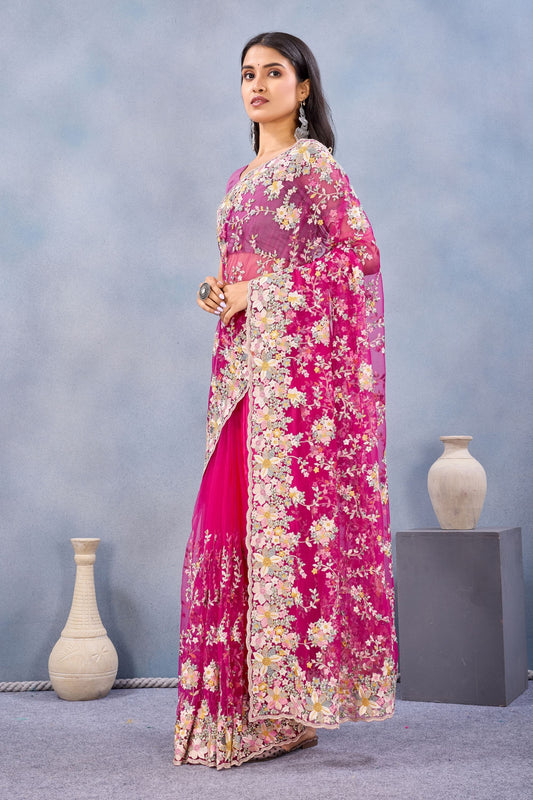 Designer Hot Pink Floral Embroidered Net Saree with Heavy Border