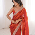 Luxury Rust Orange Organza Saree Designer Embroidered Border