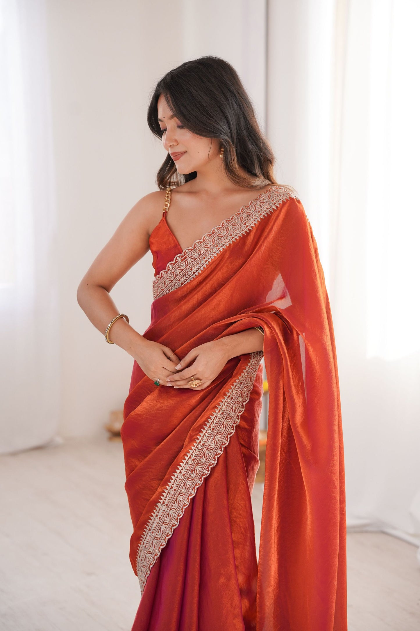Luxury Rust Orange Organza Saree Designer Embroidered Border