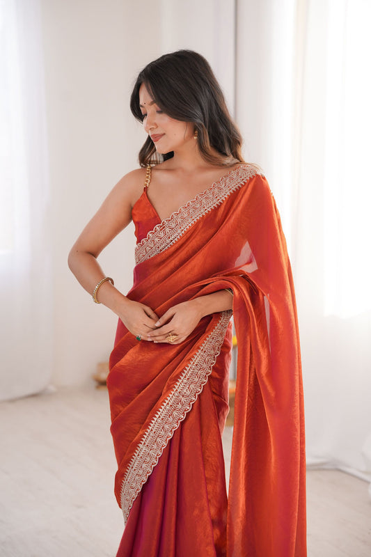 Luxury Rust Orange Organza Saree Designer Embroidered Border