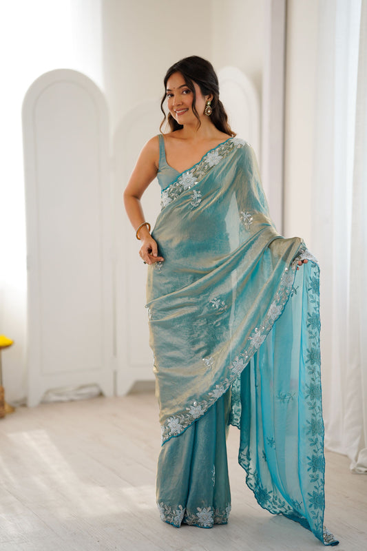 Sea Green Soft Silk Saree with Silver Floral Embroidery Border Blouse