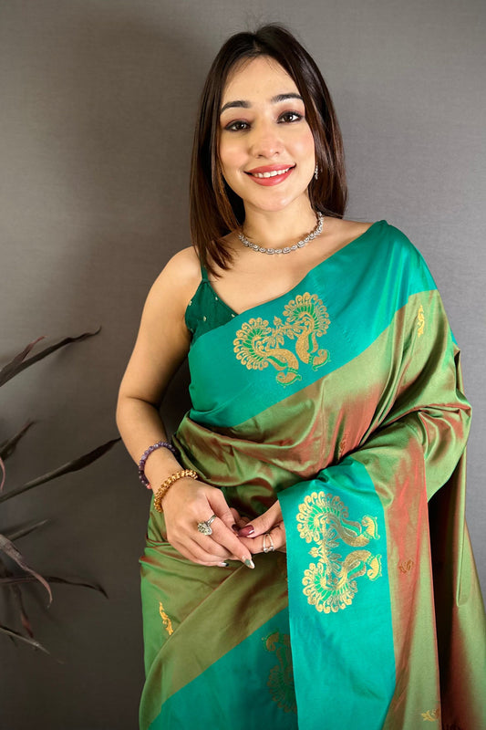 Sea Green Soft Silk Saree with Contrast Designer Pallu Zari Work