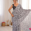 Black White Rose Floral Printed Linen Saree Designer Lace Border