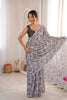 Black White Rose Floral Printed Linen Saree Designer Lace Border