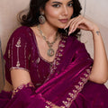 Wine Magenta Silk Saree Golden Zari Embroidery Border Matching Blouse