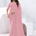 pink georgette saree embroidered floral border matching designer blouse