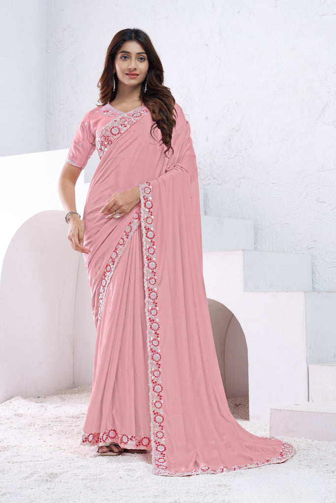 pink georgette saree embroidered floral border matching designer blouse