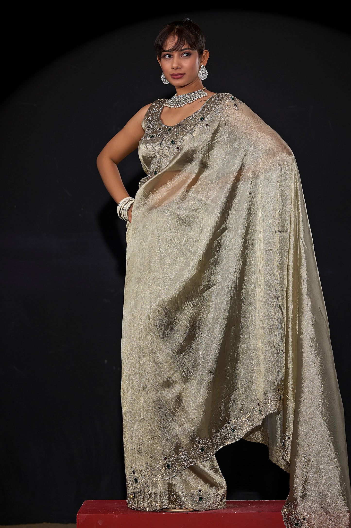  Gold Shimmer Silk Saree Heavy Zari Stone Embroidered Border