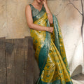 Mustard Yellow Banarasi Silk Saree Teal Blue Zari Border Floral Weaving
