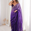 Royal Purple Organza Saree Golden Butti Work Embroidered Border