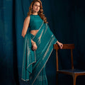 Teal Green Satin Silk Saree with Metallic Zari Designer Party Wear