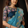 Teal Blue Floral Embroidered Designer Saree with Fancy Blouse
