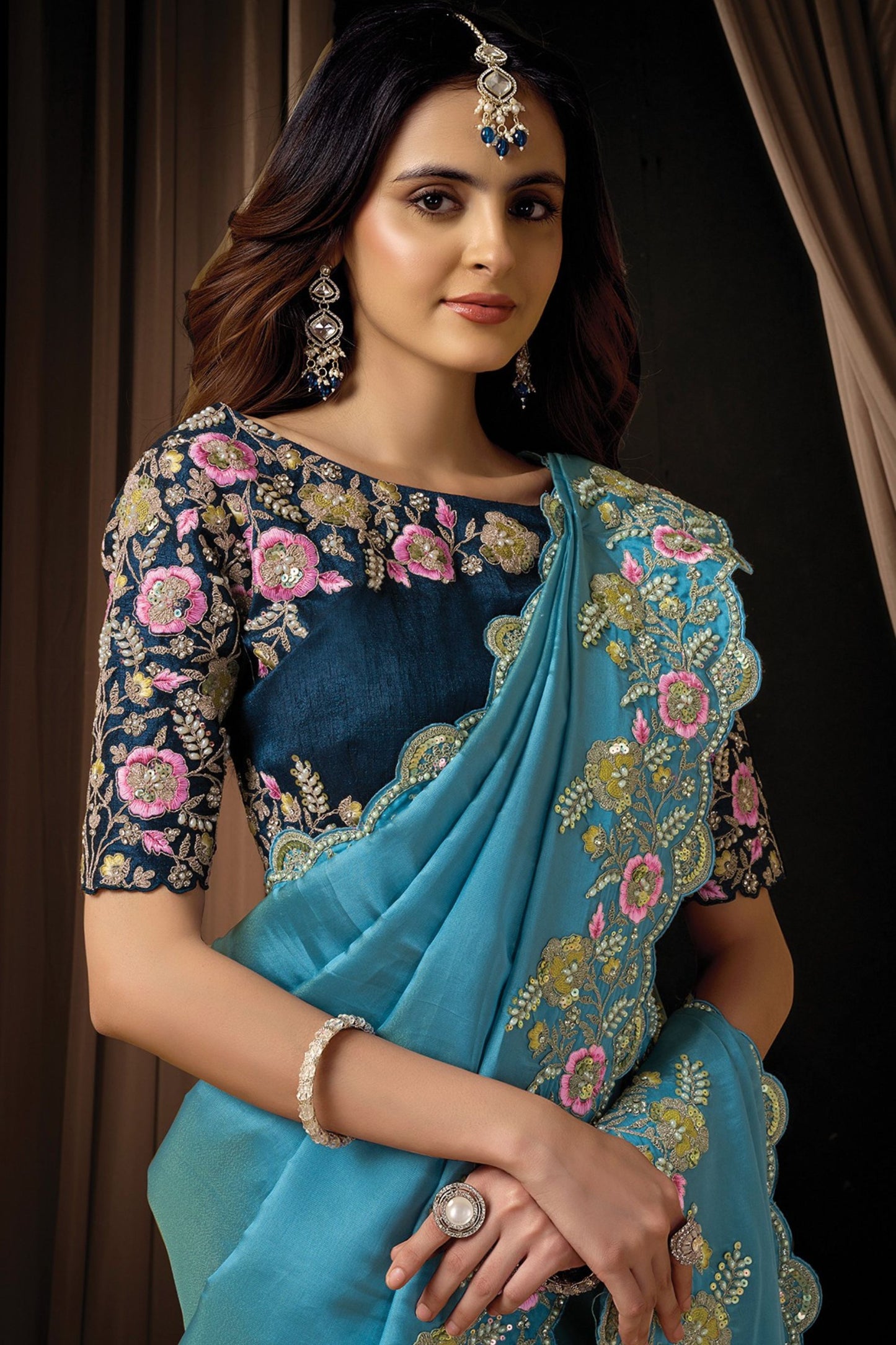 Teal Blue Floral Embroidered Designer Saree with Fancy Blouse