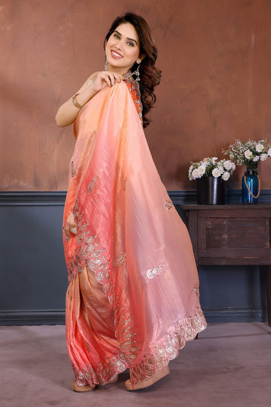 Peach Pink Embroidered Organza Silk Saree Designer Border