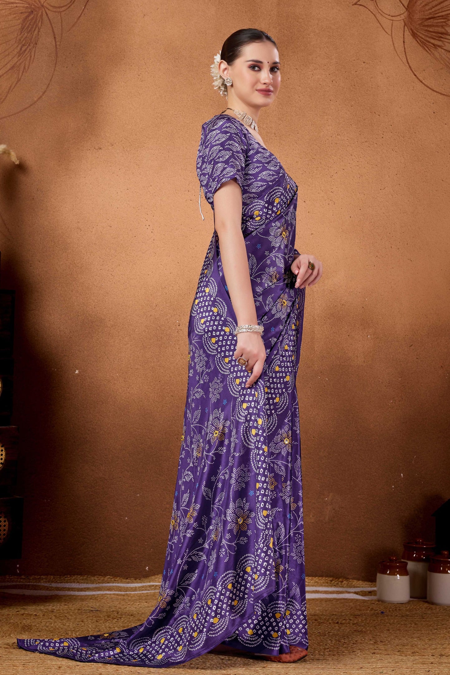 Purple Bandhani Floral Print Saree Designer Saree