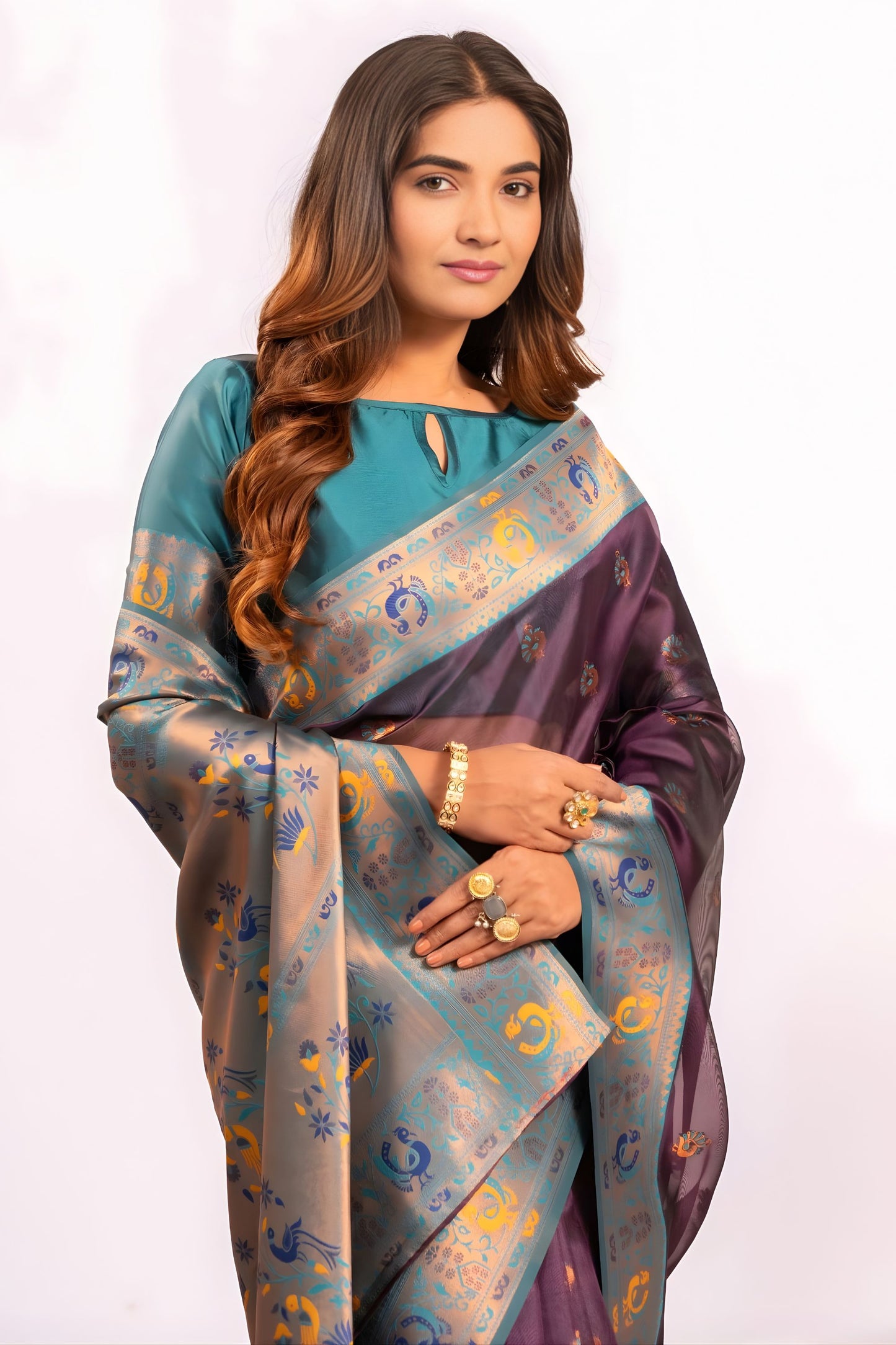 Deep Purple Paithani Silk Saree with Teal Zari Border and Traditional