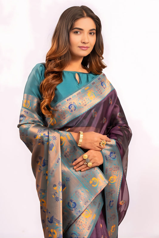 Deep Purple Paithani Silk Saree with Teal Zari Border and Traditional