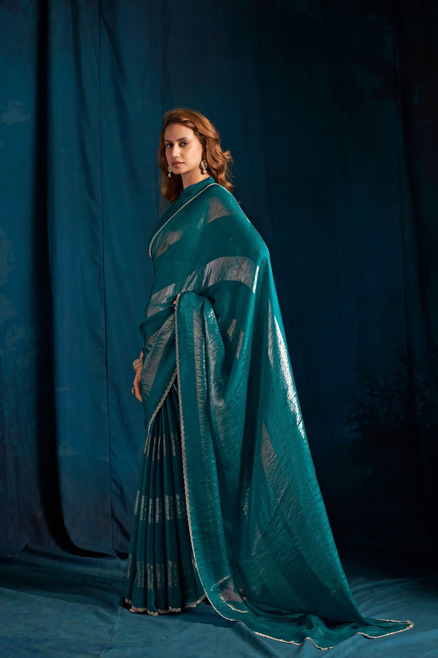 Teal Green Satin Silk Saree with Metallic Zari Designer Party Wear