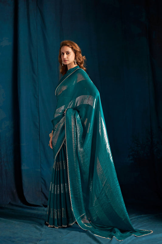 Teal Green Satin Silk Saree with Metallic Zari Designer Party Wear