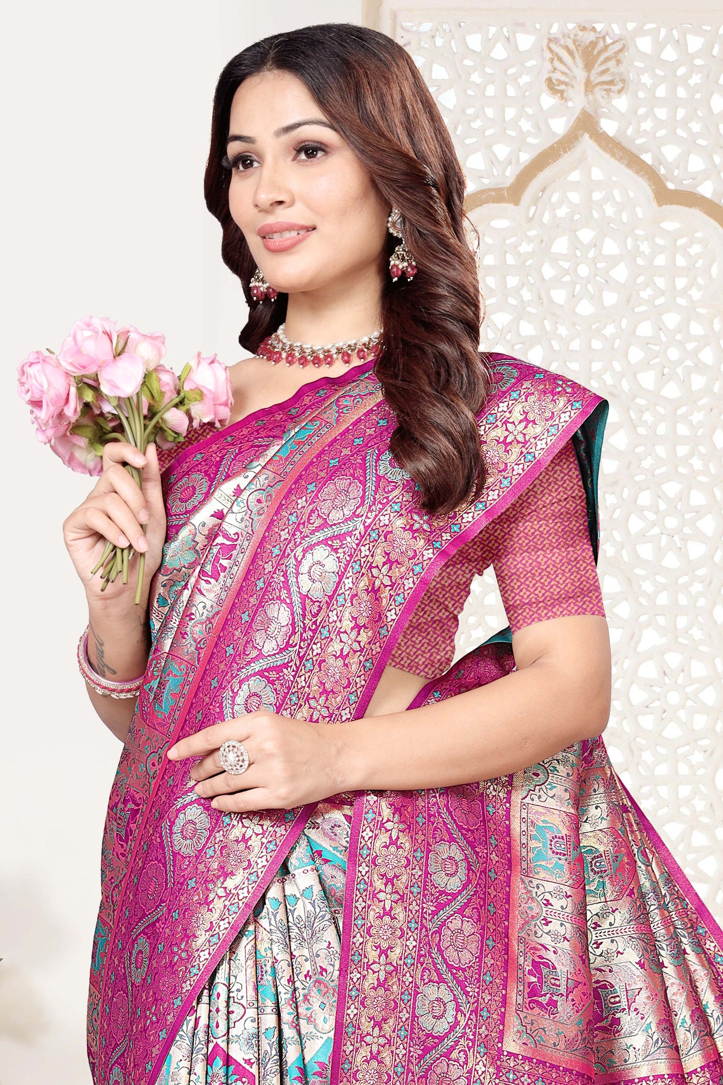 Rani Pink and Sky Blue Banarasi Silk Saree with Rich Zari Woven Design