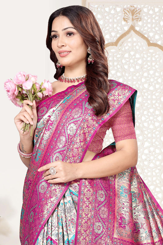 Rani Pink and Sky Blue Banarasi Silk Saree with Rich Zari Woven Design