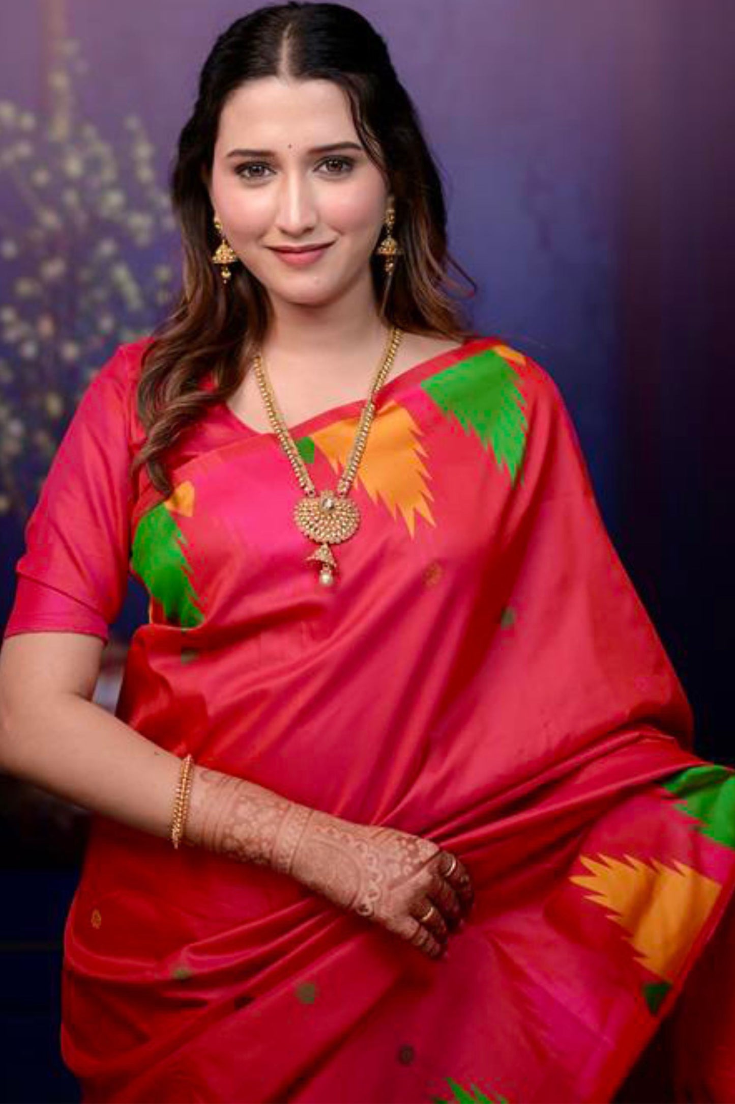 Rani Pink Soft Silk Saree with Multicolor Temple Border Rich Zari Pallu