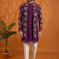 Elegant Purple Floral Printed Indo Western Sherwani for Men Designer Jacket 