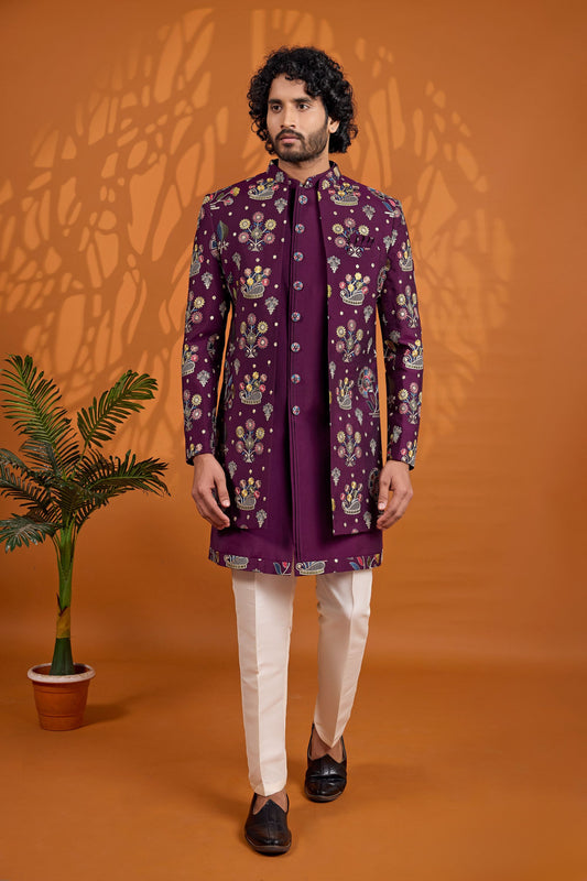 Elegant Purple Floral Printed Indo Western Sherwani for Men Designer Jacket 