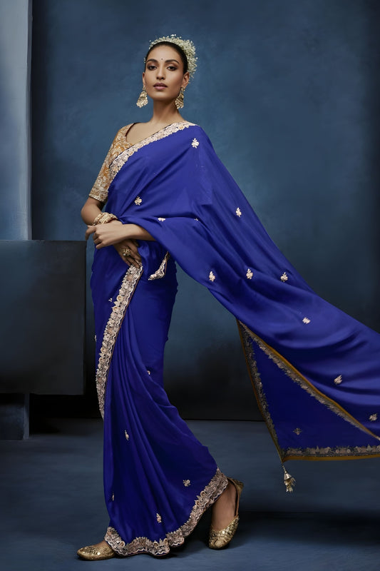 Luxury Royal Blue Embroidered Saree with Designer Blouse