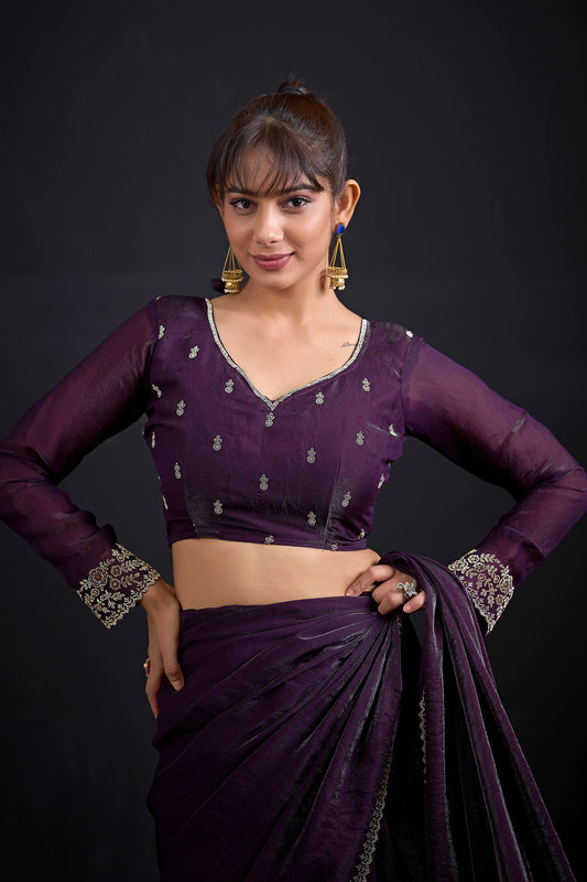Wine Purple Silk Saree with Designer Embroidered Border