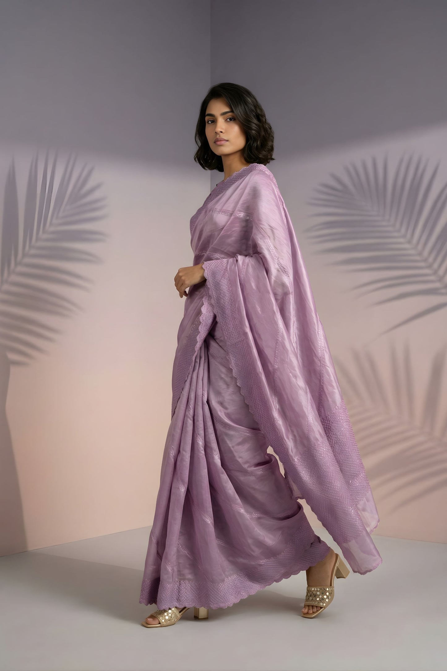 Pastel Lavender Silk Saree with Embroidered Border Designer Blouse