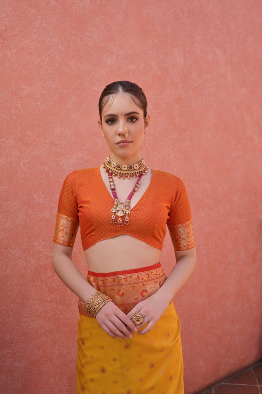 Golden Yellow And Orange Kanjivaram Silk Saree with Rich Zari  Festive Wear