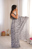 Black White Rose Floral Printed Linen Saree Designer Lace Border