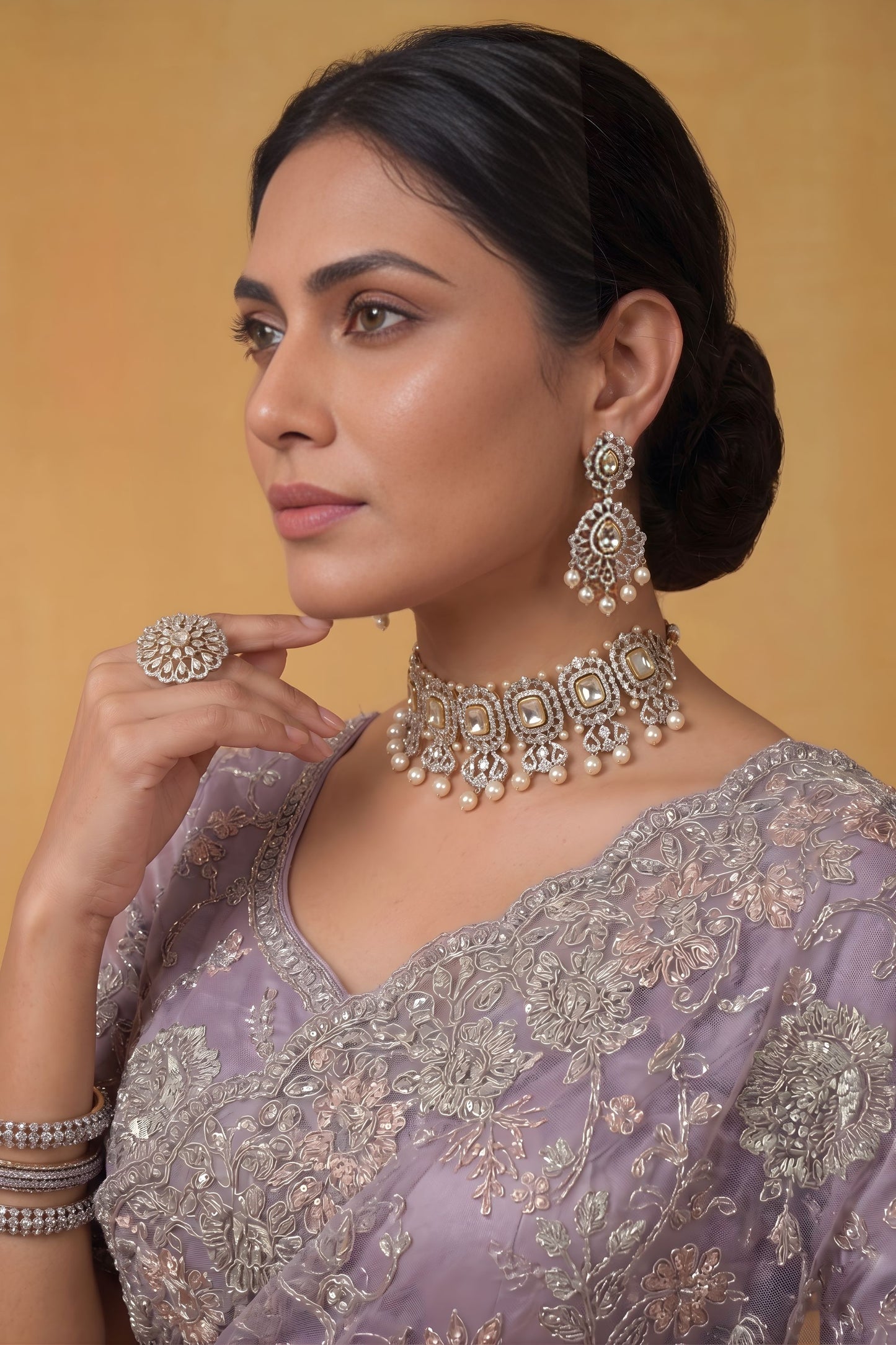 Lavender Net Saree Heavy Silver Floral Embroidery Designer Border