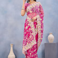 Designer Hot Pink Floral Embroidered Net Saree with Heavy Border