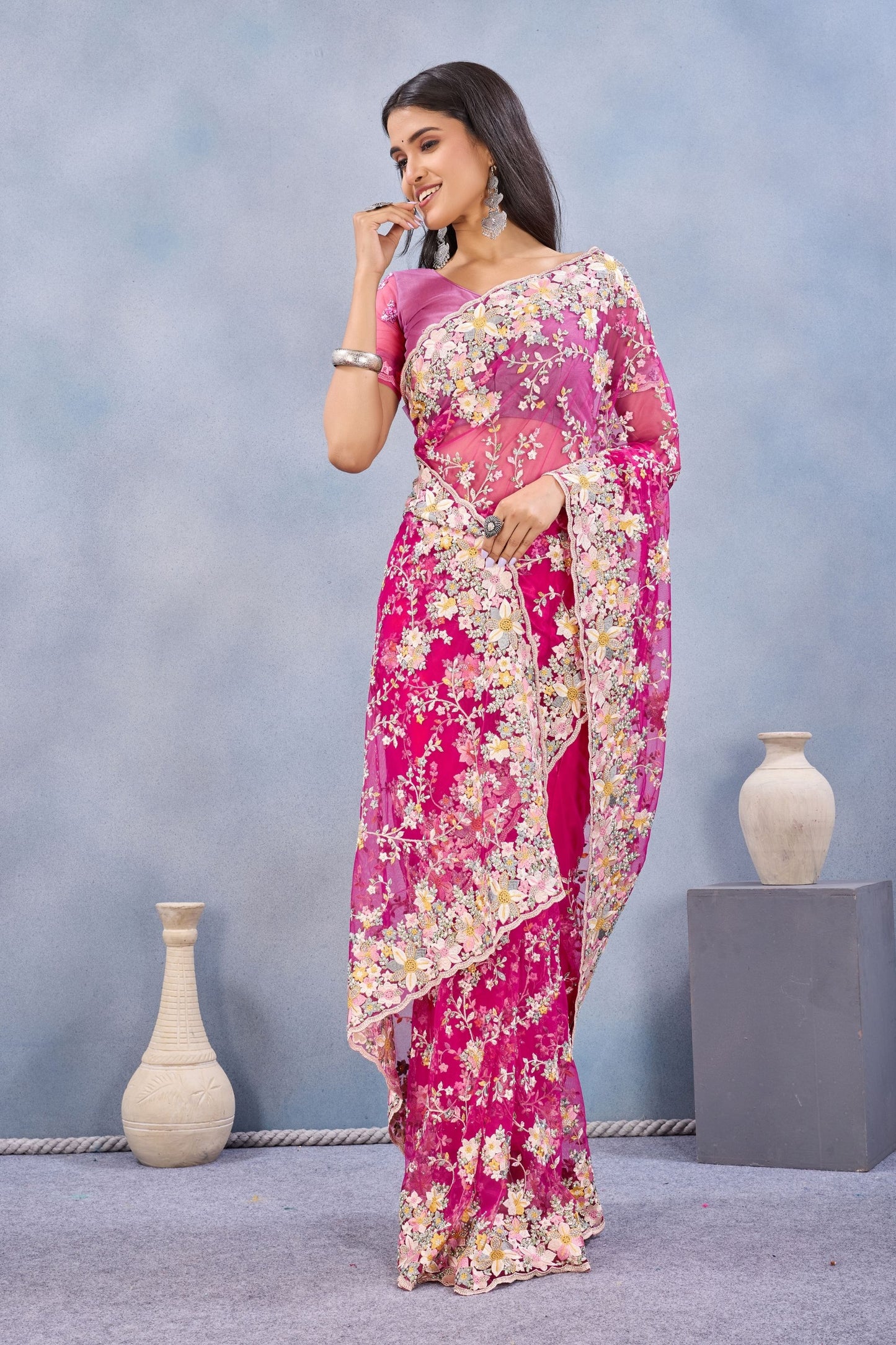 Designer Hot Pink Floral Embroidered Net Saree with Heavy Border