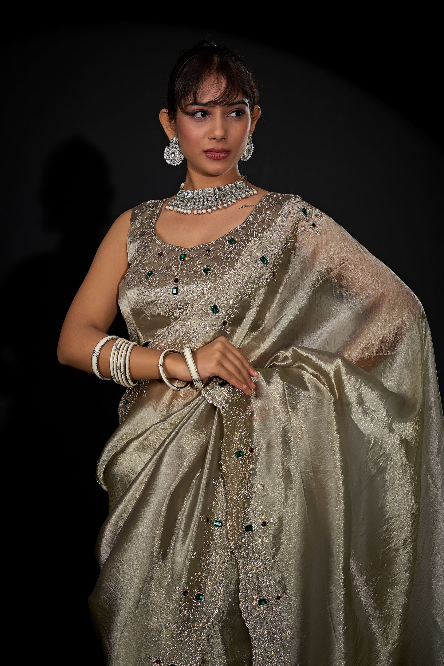 Gold Shimmer Silk Saree Heavy Zari Stone Embroidered Border