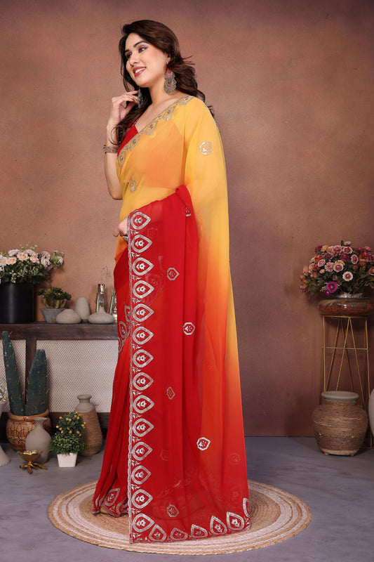 Red Yellow Ombre Georgette Saree with Embroidered Border Work