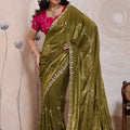 Olive Green Silk Saree Golden Zari Embroidery Border Matching Blouse