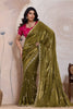 Olive Green Silk Saree Golden Zari Embroidery Border Matching Blouse