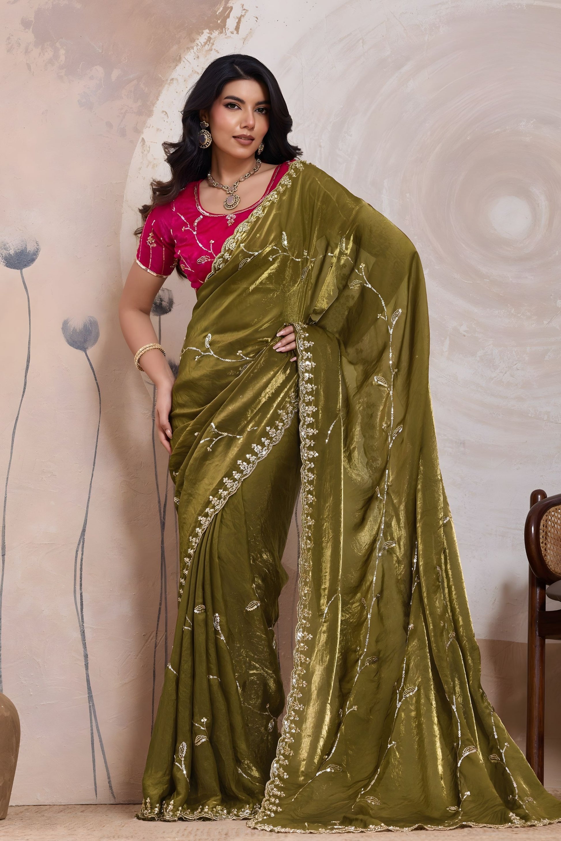 Olive Green Silk Saree Golden Zari Embroidery Border Matching Blouse