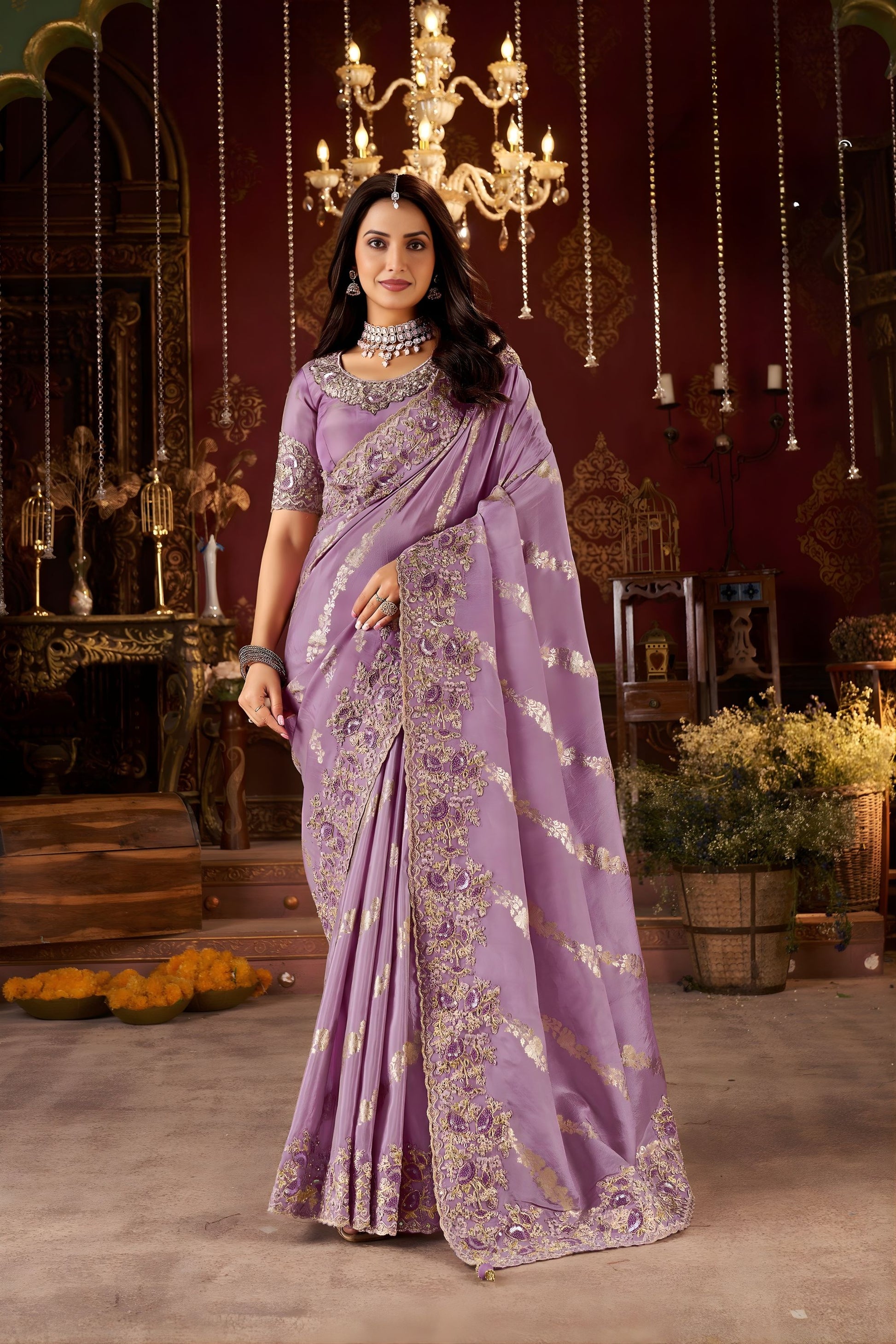 Lavender Purple Embroidered Designer Saree with Heavy Gold Work 