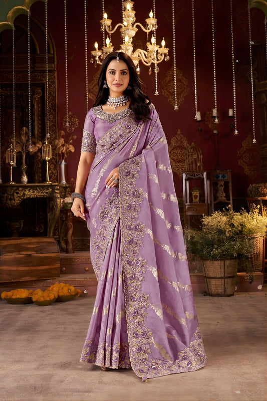 Lavender Purple Embroidered Designer Saree with Heavy Gold Work 