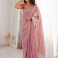  Pink Organza Silk Saree Golden Zari Embroidery Designer Blouse