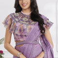Lavender Ruffle Sleeve Designer Saree with Embroidered Blouse
